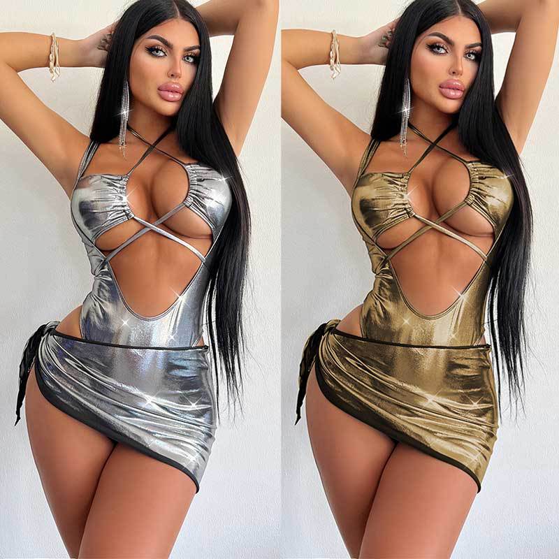 Traje de baño de una pieza de sílaba eléctrica transfronteriza de alta gama, traje de falda a la cadera, fabricante de una pieza con cordones de chica sexy al por mayor