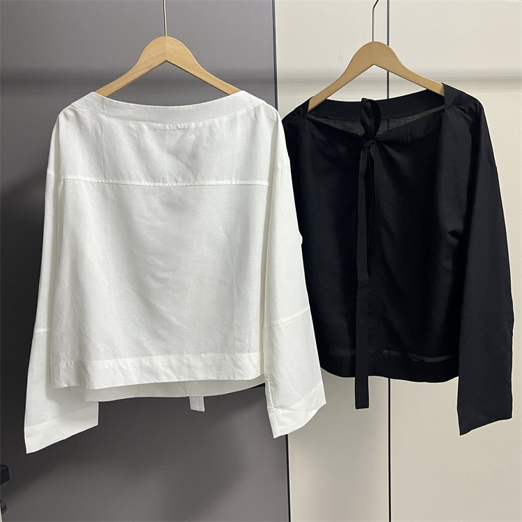 0348 Women's Spring Style Shirt with Cut Tags, Simple and Elegant Design with Back Tie, Boat Neck, Loose Fit, Long Sleeves Dp859 0348 Women's Spring Style Shirt with Cut Tags, Simple and Elegant Design with Back Tie, Boat Neck, Loose Fit, Long Sleeves Dp859