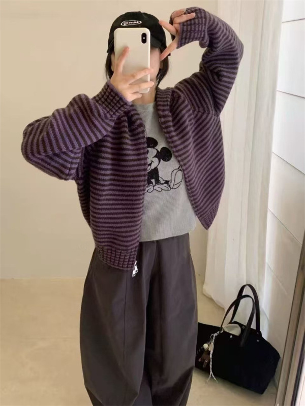 韩系连帽条纹毛衣外套秋冬季新款时尚氛围感宽松慵懒加厚针织上衣|undefined