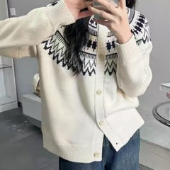 韩系洋气简约2025秋冬新款圆领费尔岛提花针织开衫毛衣女休闲外套