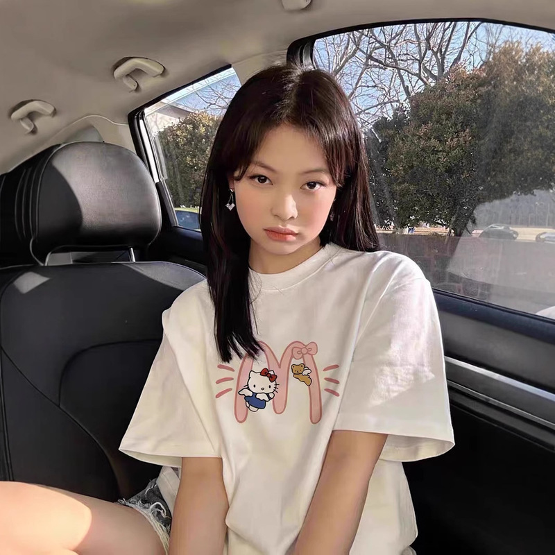 純綿夏の新しいかわいい KT プリント半袖 T シャツ学生スタイル甘いインスタイルルーズカジュアルラウンドネックトップ|undefined