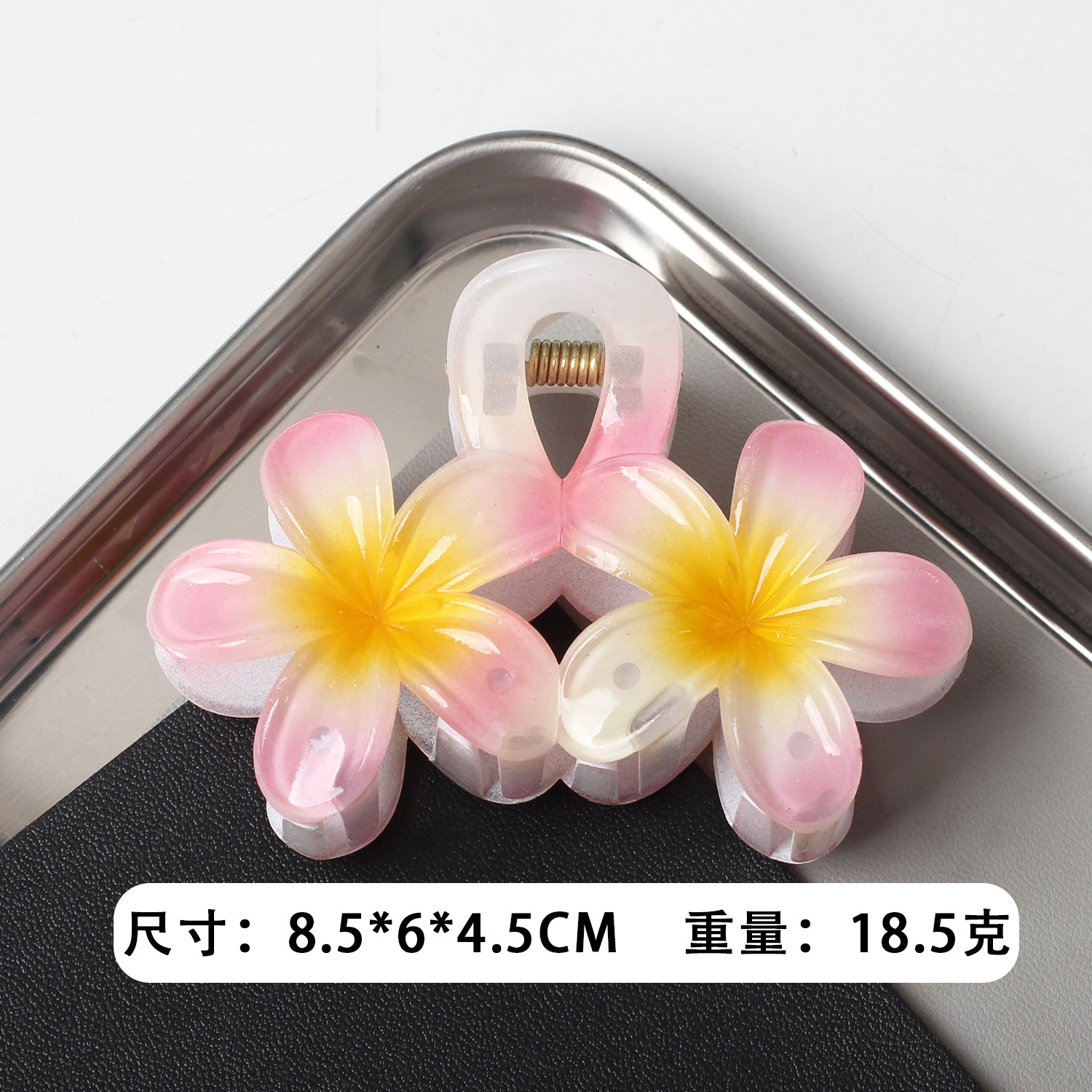 Clip de agarre de flor de frangipani de color caramelo caliente de Amazon transfronterizo Horquilla de flor de color transparente Horquilla de estilo de vacaciones de viaje