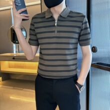 数据款2026夏季短袖T恤翻领条纹拉链Polo衫A3121绿色米色黑色
