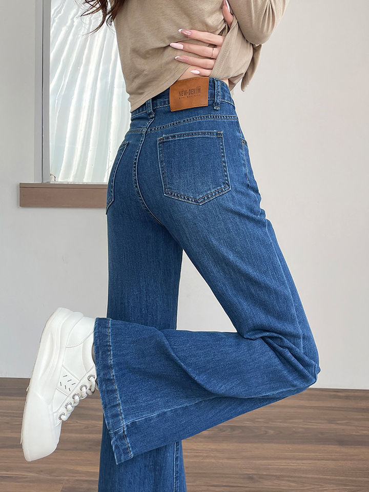 Quần jeans nữ ống loe nhẹ cạp cao tôn dáng màu xanh cổ điển — Xanh cổ điển - Dài hơn, Xanh cổ điển - Tiêu chuẩn