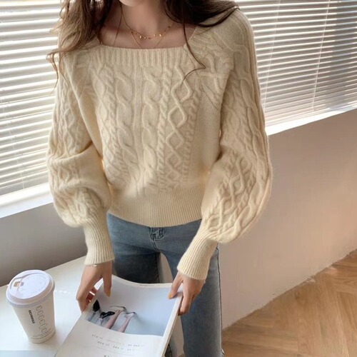 Cardigan top for women, 2025 autumn/winter Korean style loose square neck, thick ribbed, outerwear, waist-cinching, slimming knitwear