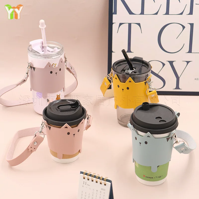 Creative handheld glass, milk tea, linen bag