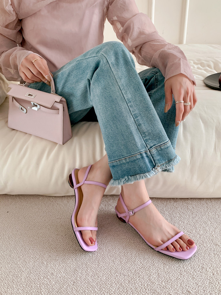 Sandal nữ gót thấp mũi vuông quai một dây hở ngón phong cách Hàn Quốc — đen, Tím, Màu trắng nhạt chi tiết 10