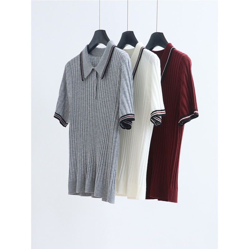 High-End Fine Wool Short-Sleeved Knitwear Polo Collar Spring and Summer Work Clothing M1U Style Top Pullover Pit Strip Women's Retro High-End Fine Wool Short-Sleeved Knitwear Polo Collar Spring and Summer Work Clothing M1U Style Top Pullover Pit Strip Women's Retro