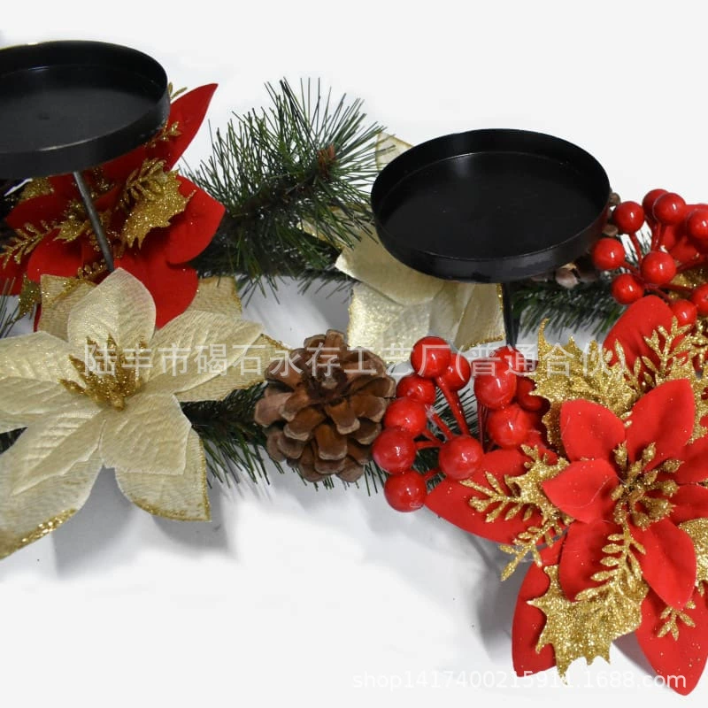 Новогодняя свечная центральная композиция с красной poinsettia, 65×20×35 см, металлические чаши для свечей