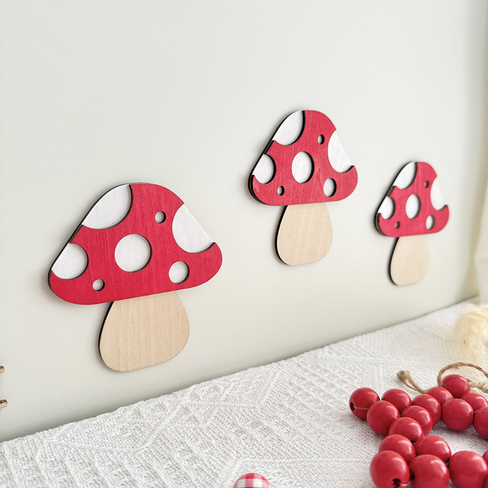 Wooden Red Mushroom Wall Stickers Ins Style Stereo Wall Decoration Nail-Free Self-Adhesive Kidsren's Room Bedroom Background Wall Decoration Stickers