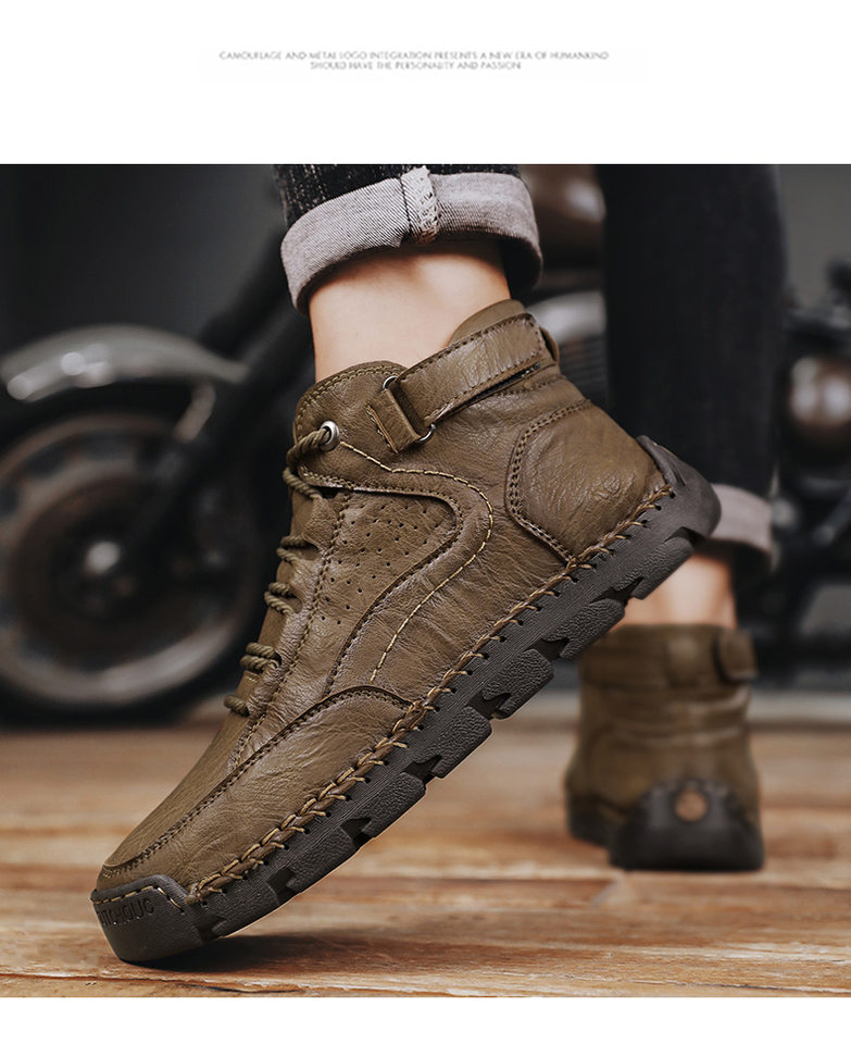 Bốt Martin nam cỡ lớn cổ trung, đế bằng buộc dây, khâu tay thời trang — 9508 màu kaki, 9508 màu kaki lót lông, 9508 màu nâu sẫm lót lông, 9508 màu đen chi tiết 9