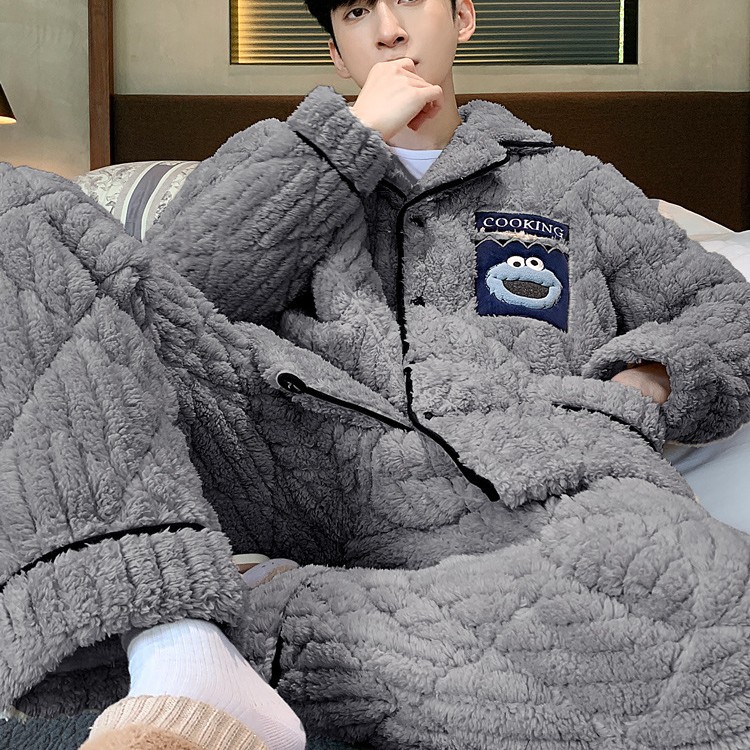 Autumn and Winter Men's Pajamas Coral Velvet Winter Thickeneded Fleece-Lined Warm Flannel Three-Layer Quilted Home Clothes Set