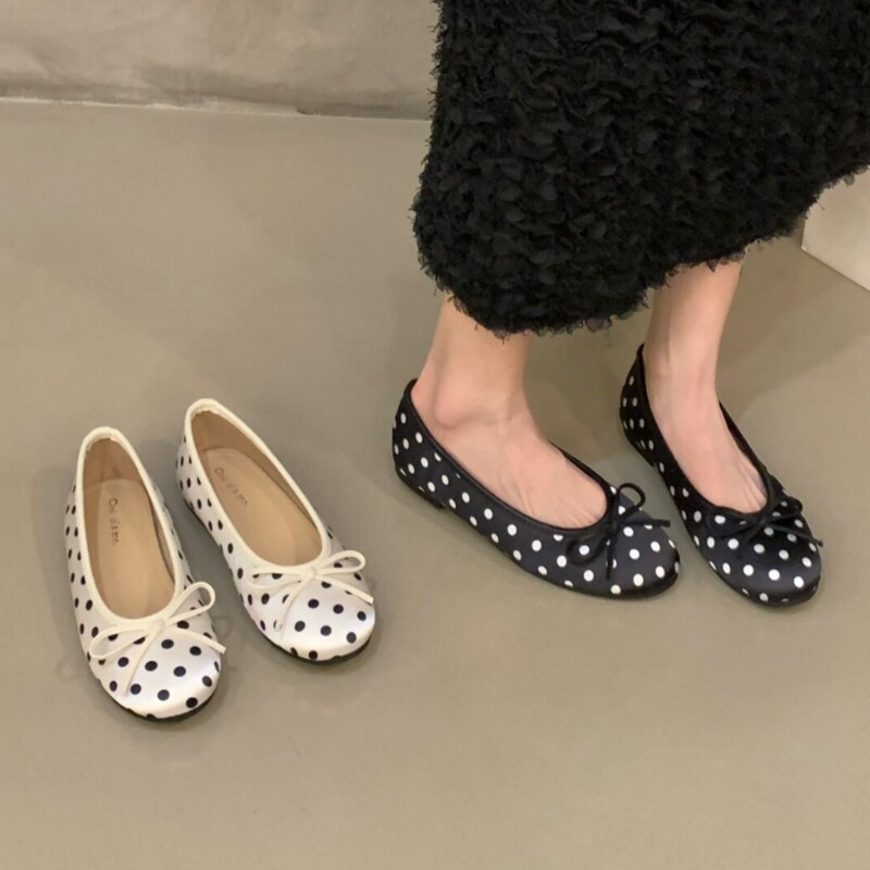 French-Style Flat Bowknot Gentle Evening Shoes for Women, 2026 Spring Satin Polka Dot Ballet Flats, Lightweight
