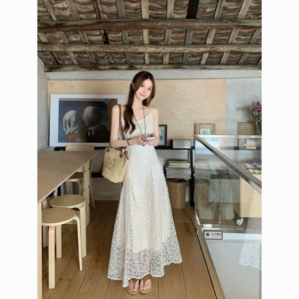 프렌치 스타일 살구색 자수 레이스 슬립 드레스 여성 여름 고급스러운 분위기의 첫사랑 해변 휴가 비치 롱 드레스