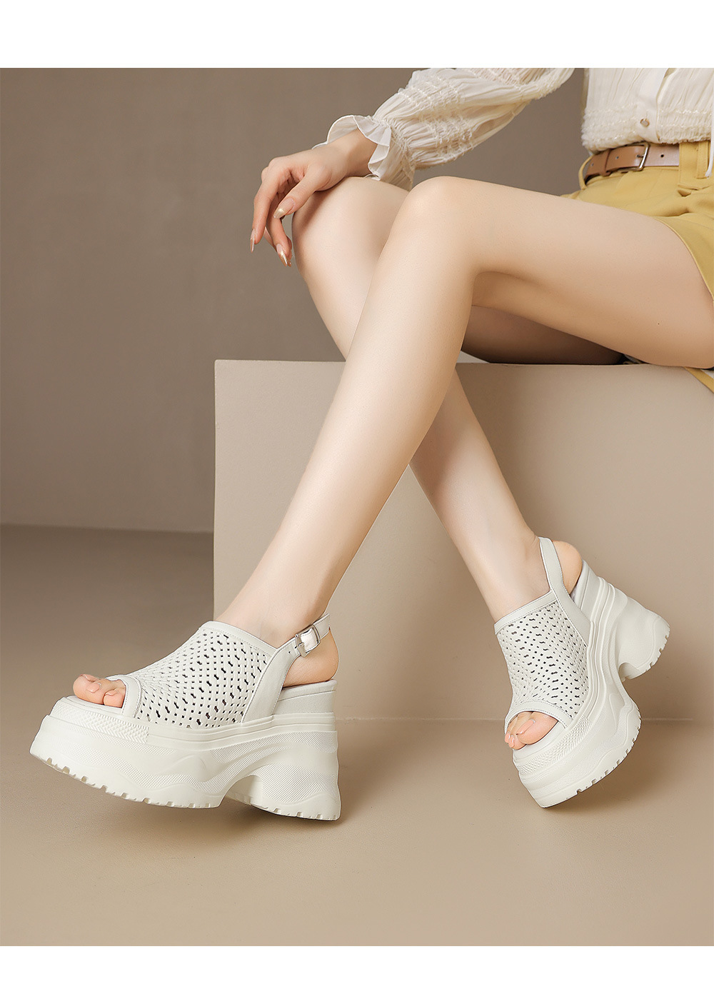 Sandal nữ tăng chiều cao 12cm đế xuồng đan kiểu La Mã hở mũi — Màu đen chi tiết 9