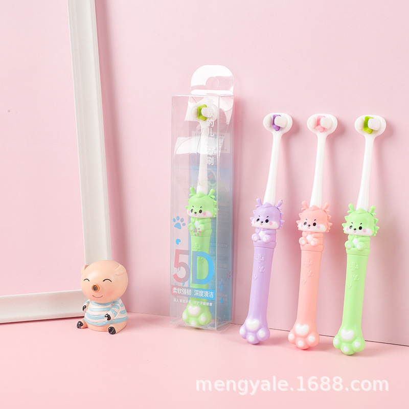 Factory three-sided children's toothbrush wholesale 6-12 years old small dragon high-end baby household soft tooth toothbrush in stock