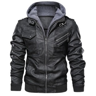 wish leather jacket men's slim zipper PU jacket autumn men's leather jacket coat Black