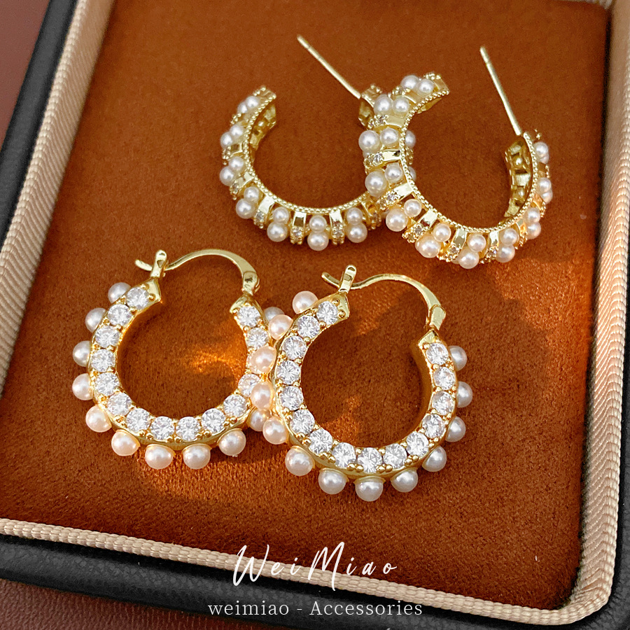 14k oro real chapado aguja de plata de diamante perla redonda perlas temperamento pendientes retro lujo ligero alta sensación de auriculares