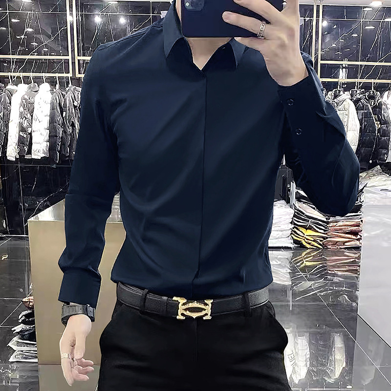 雅痞高级感休闲衬衫男2025春秋长袖纯色商务正装丝滑垂感衬衣男士|undefined