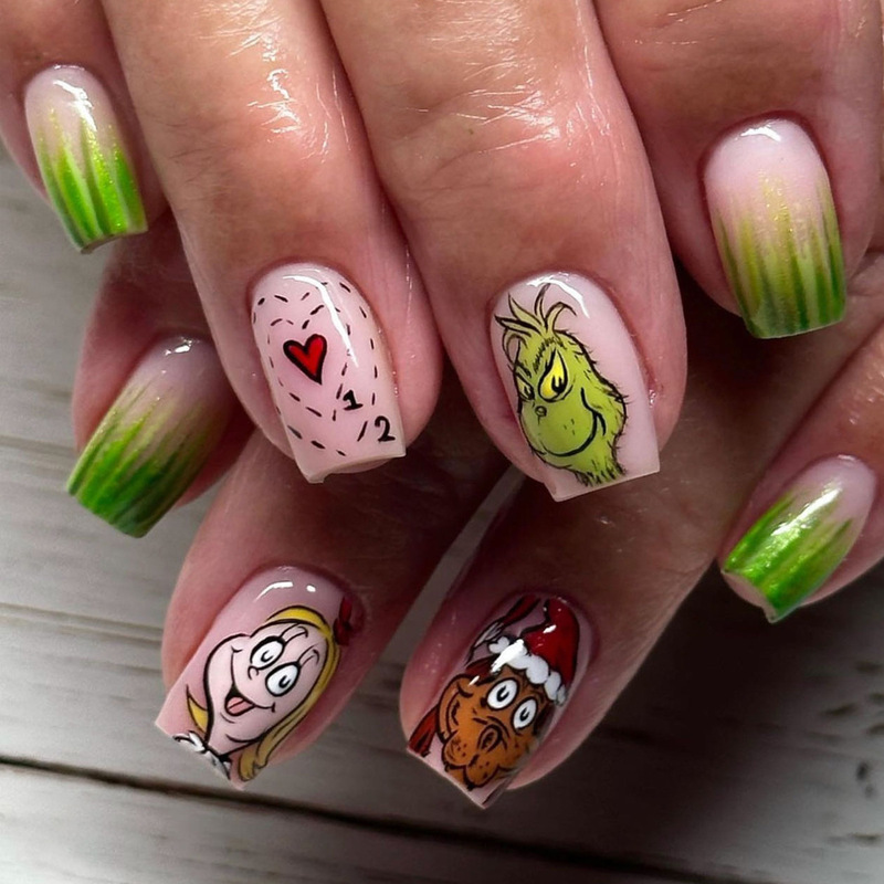 Christmas Short Square Cartoon Green Hair Monster Grinch Green Gradient Cute Wear Nail Art Patch Foreign Trade Nail Art