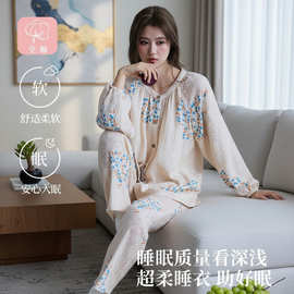 简约纯棉双层纱布睡衣女春秋季薄款圆领长袖宽松可外穿家居服套装