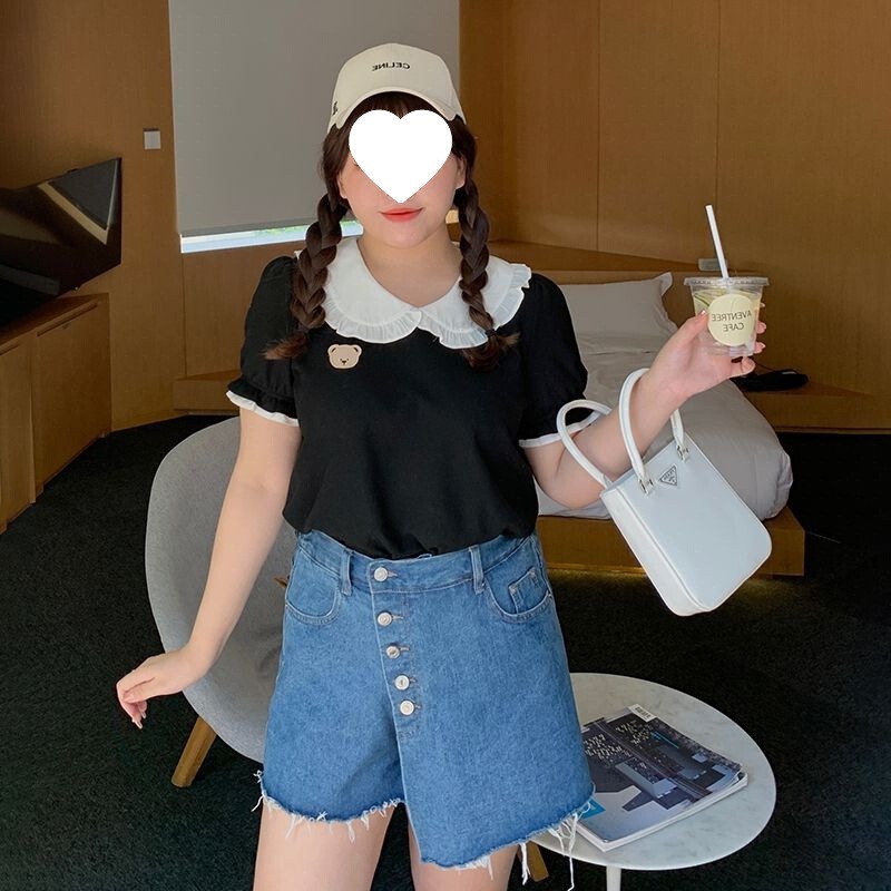 Loose-Fitting mm Doll Collar Short-Sleeved 95 Cotton T-Shirt Women's Summer Large Size Top Covering the Flesh and Slimming Look Loose Bottoming Shirt