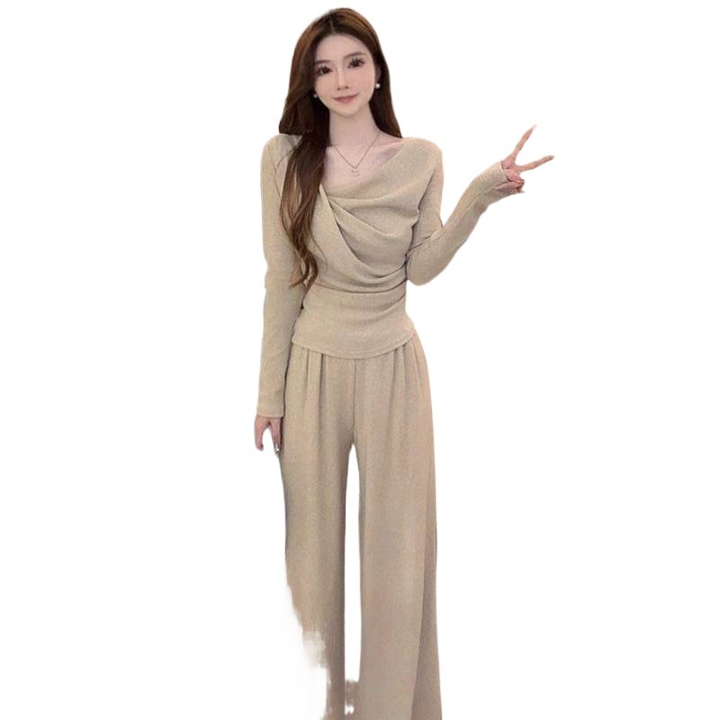 休闲套装女秋冬季纯欲风斜肩修身上衣高腰垂感阔腿裤感两件套|undefined