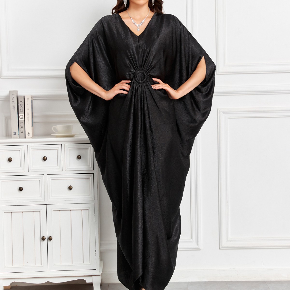 Cross-Border European and American Fashion Plus-Size Dress with Batwing Sleeves, Long Loose-Fitting Vacation Bikini Cover-Up Q9803