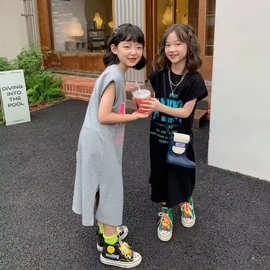 女童夏装连衣裙2024新款中大童圆领T恤裙中长裙洋气开叉中长裙潮