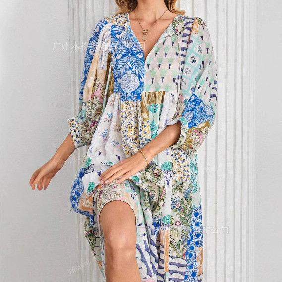 2025 European and American Cross-Border New Bohemian Style Summer Long Dress Casual Loose V-Neck Short-Sleeve Printed Dress