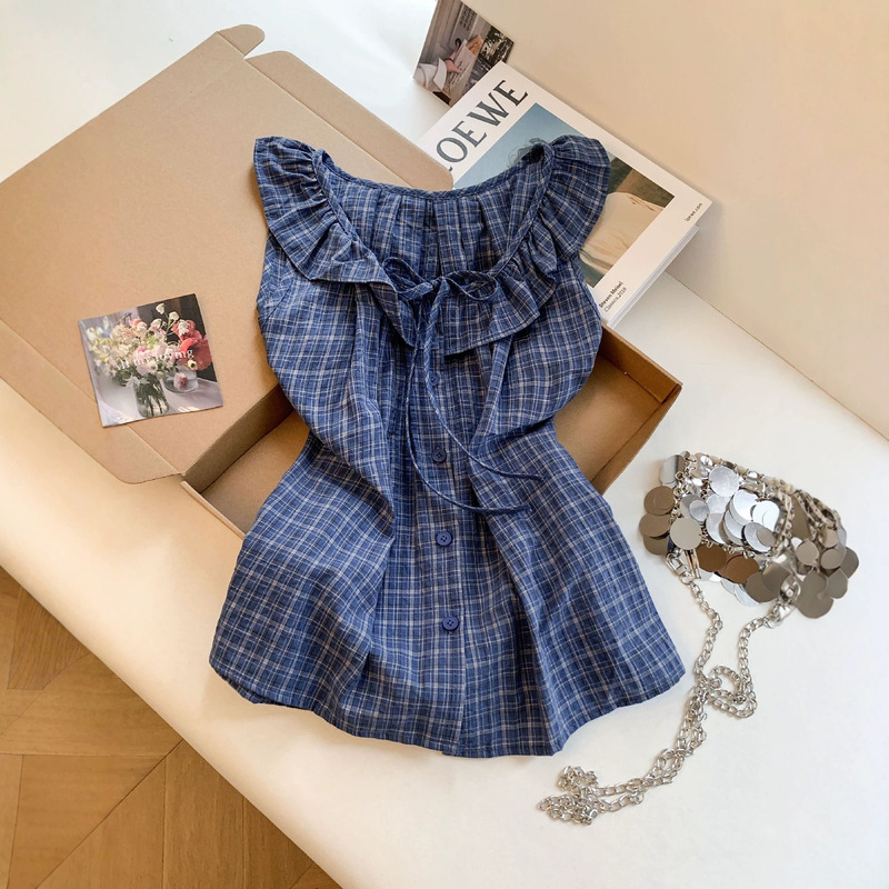 Korean Chic Lace-Up Doll Collar Shirt for Women, Summer Sleeveless Loose Fit Slimming Design Tank Top Blouse