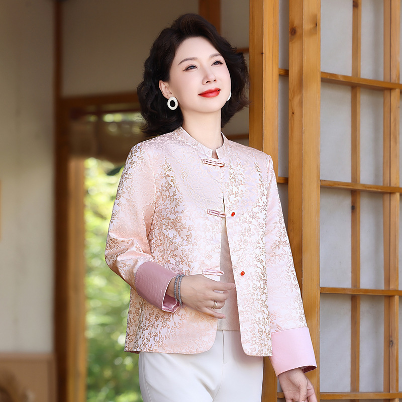 中年のお母さんの秋の長袖のコートの女性の新しい中国式のジャカードの立襟の上着の軽い国風の復古のカーディガン|undefined