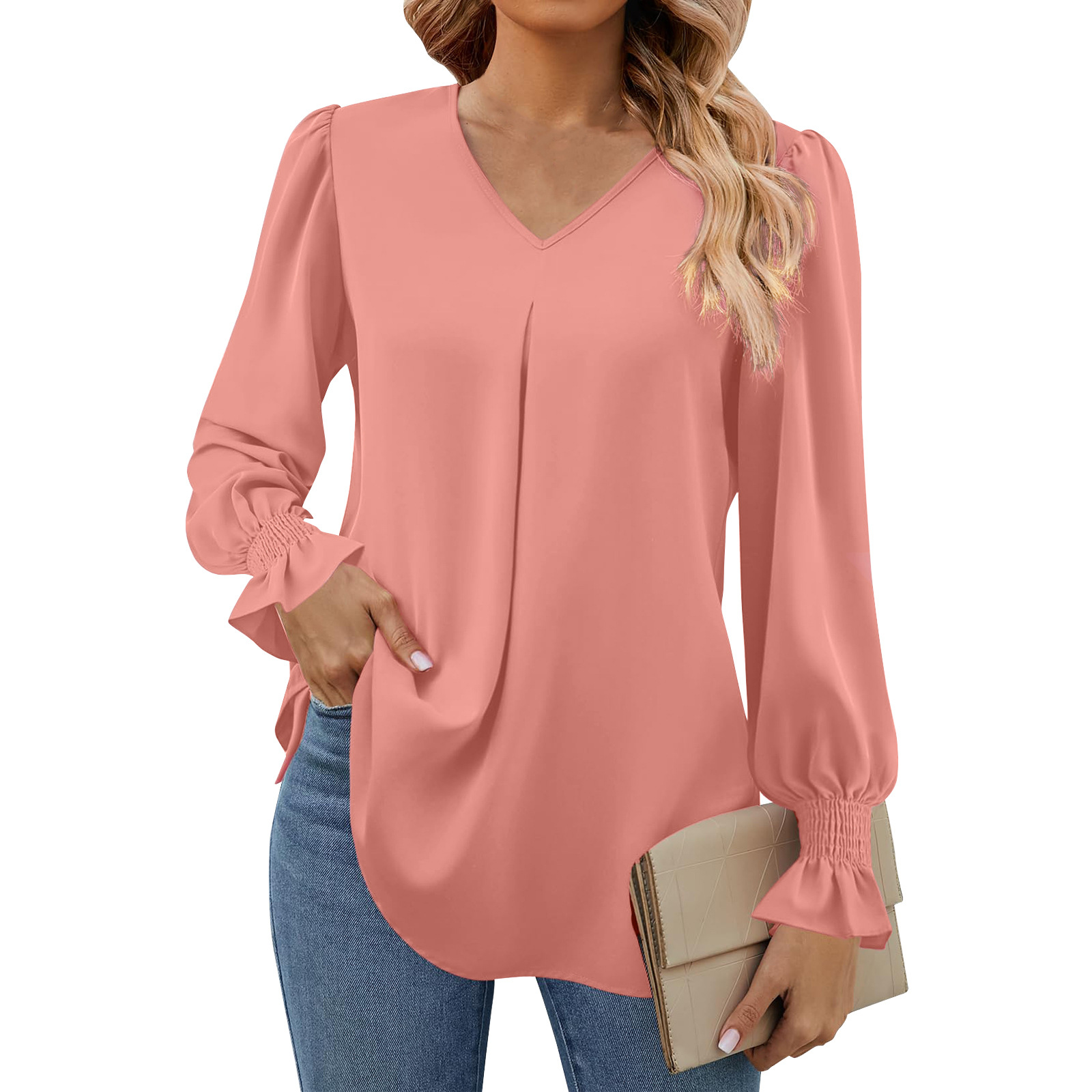 Las mujeres europeas y americanas transfronterizas de Amazon Otoño e Invierno nueva camisa de gasa sólida con cuello en V suéter camisa de manga larga de cuerno