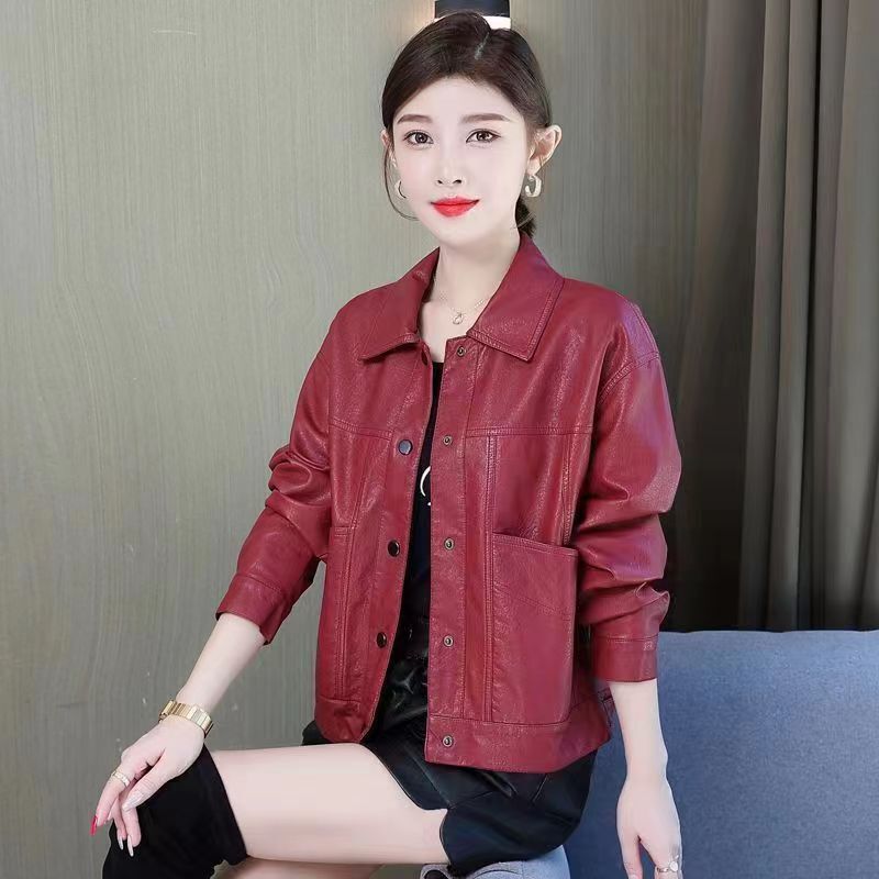 Korean New Leather Jacket for Women, Popular Short Leather Jacket, Lapel Leather Jacket, Fashionable Korean Style Slim Fit Korean New Leather Jacket for Women, Popular Short Leather Jacket, Lapel Leather Jacket, Fashionable Korean Style Slim Fit