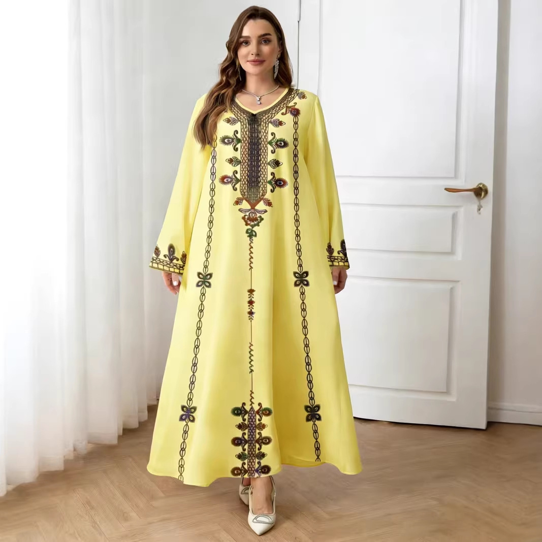 Middle Eastern Cross-border Muslim Women's V-neck Printed Loose Elegant Robe Ethnic Style Long-sleeved Dress Custom-made_ecoleips.com