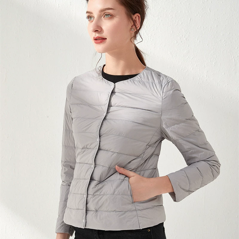Демисезонная куртка из пуха с длинным рукавом, круглый воротник, slim fit, плюс размеры