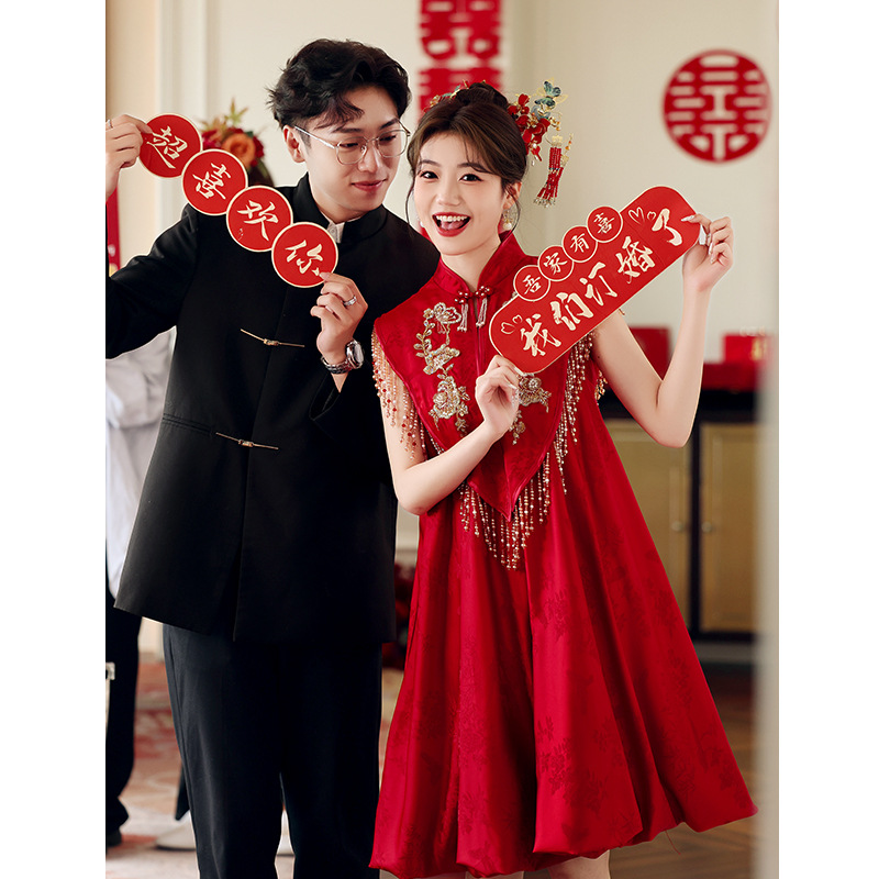 Engagement Dress Women's New Chinese Style Neck-hanging Cheongsam wine red Toasting Dress Bride's Wedding Morning Gown Niche Light Luxury Summer