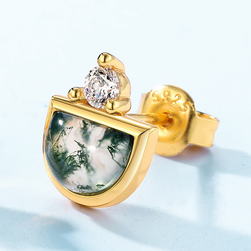 Deseo transfronterizo e-commerce suministro S925 plata con incrustaciones de musgo verde piedra Stud pendientes hembra ágata acuática pendientes moda europea y americana