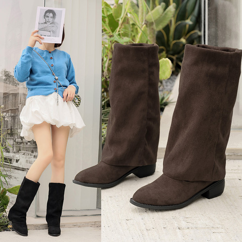 Thick heeled all-match Maillard long boots women's shoes New autumn and winter mid-length pants and tube boots Knight long boots