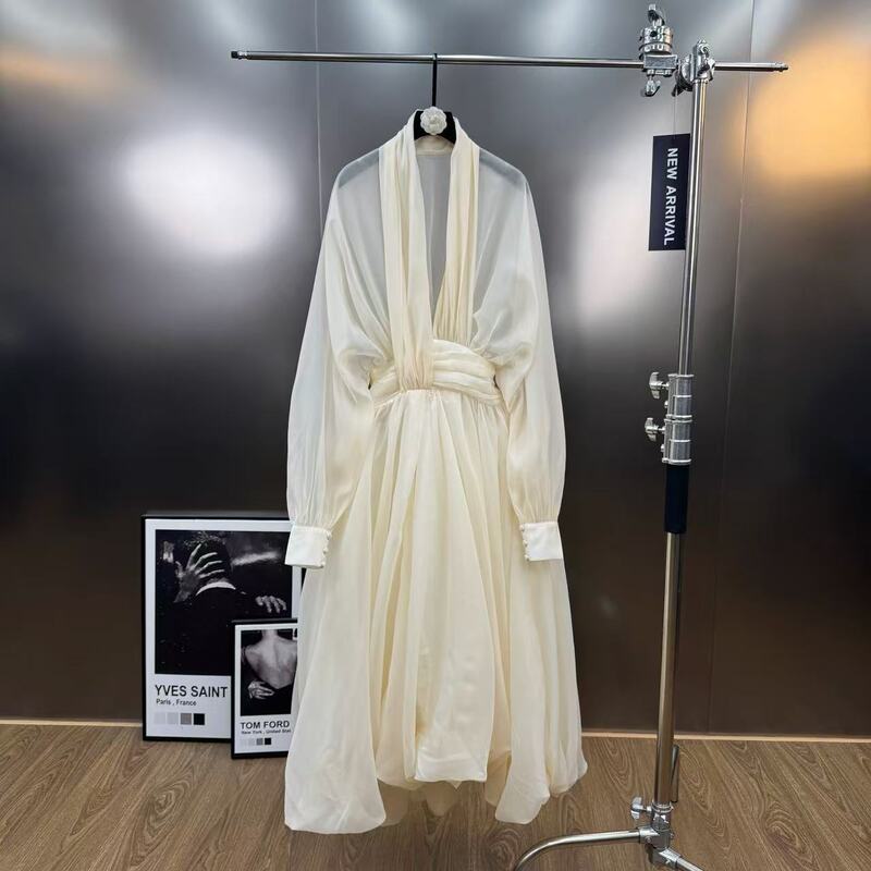 Spring 2026 Romantic Dress with Cuffed V-Neck, Long Sleeves, Pleated Waist, and Puffy French-Style Design