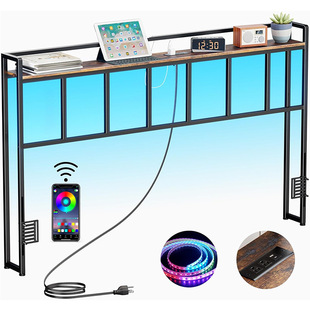Headboard with Storage Space Bedside Shelf with USB Charging Station with Led Light Strip Wooden Iron Frame Bedroom