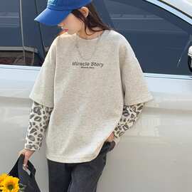 春秋装女童假两件T恤韩版儿童长袖豹纹打底衫秋季女大童洋气上衣t