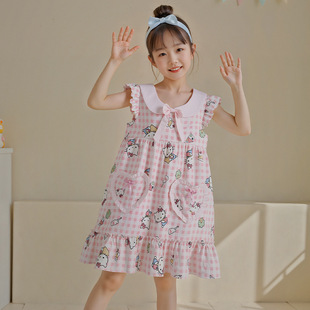 2025 New Hello Kitty Plaid Summer Cloud Cotton Children's Pajamas Girls Sleeveless Nightgown Medium and Large Children's Home Skirt