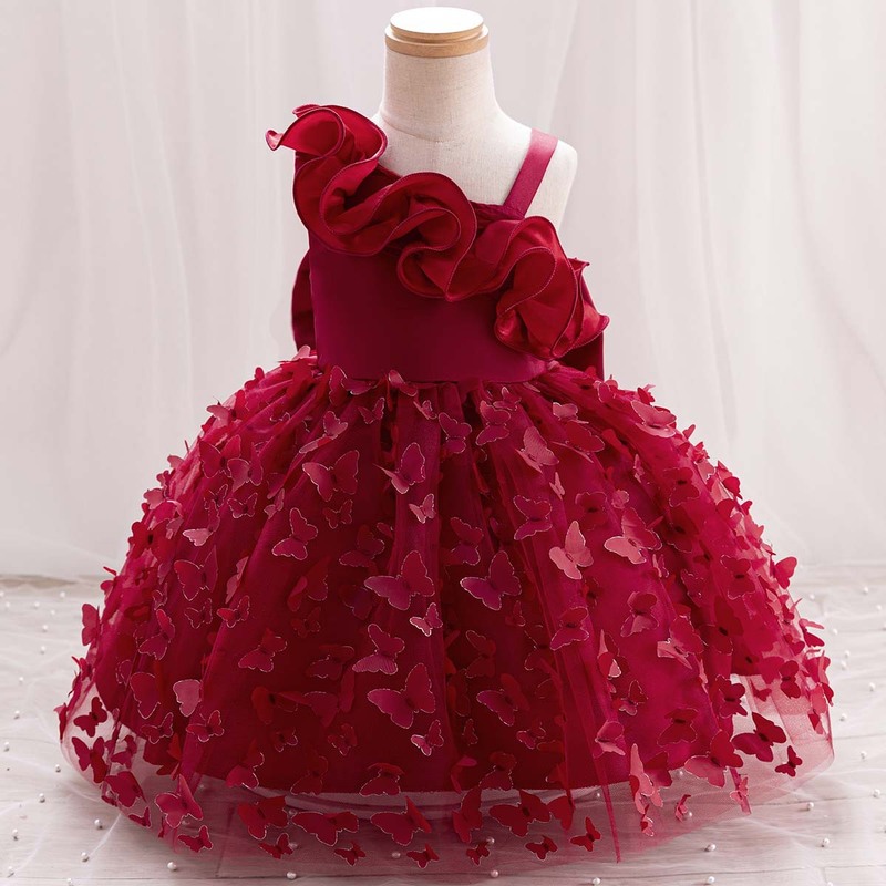 女の子の新しい純色の蝶刺繍蓬蓬蓬姫の誕生日の晩餐会の公演のドレスの洋風の祝日のワンピース|undefined