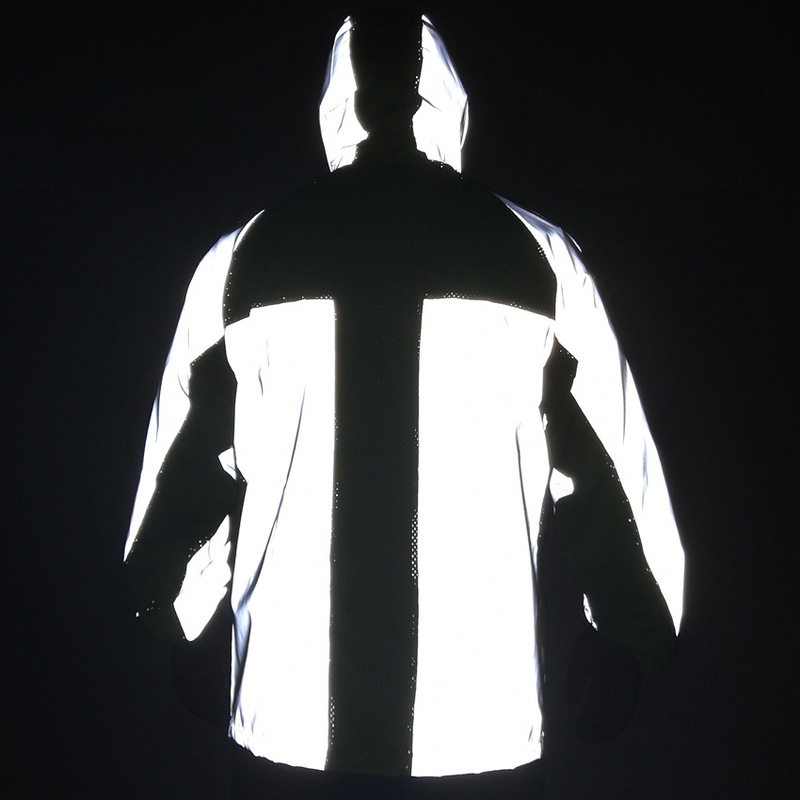 Outdoor Sports Running Mesh Stitching Hooded Reflective Jacket European and American Men's Loose Breathable Cycling Jacket Top