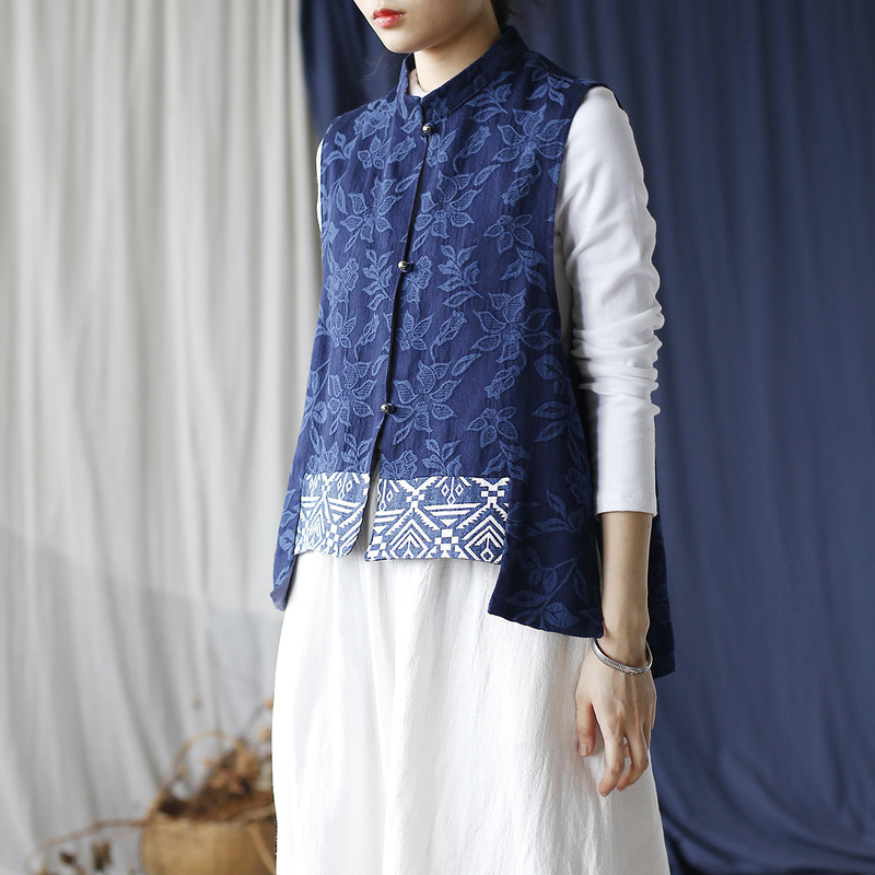 2463 Xi Mo Original Cotton and Linen Autumn Artistic Retro Loose Women's Vest Collar Jacquard Vest