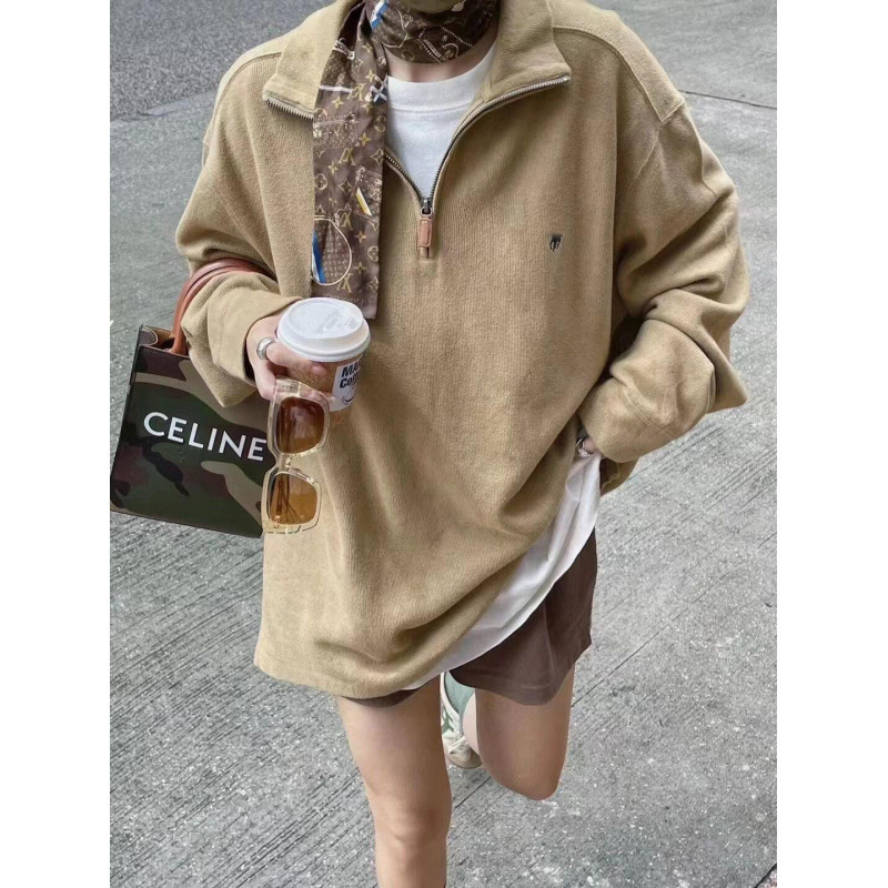 半拉链宽松美式卫衣男polo情侣卫衣女复古长袖翻领|undefined