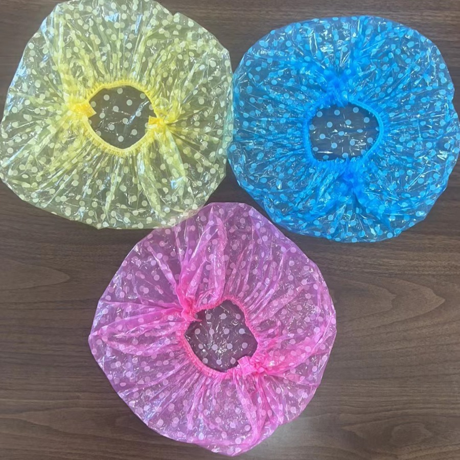 Waterproof Thickened Disposable Shower Cap, Pack of Three, Printed Colorful Pe Transparent Polka Dot Elastic Shower Cap for Hairdressing and Hair Dyeing