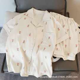 睡衣女士夏季棉质短袖短裤简约休闲甜美可爱女士家居服可外穿套装