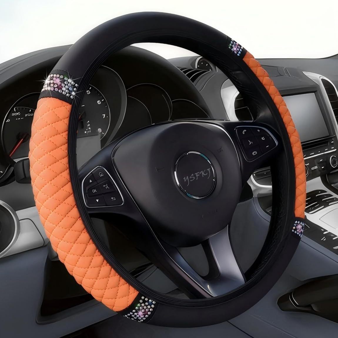 Factory Direct Sales Cross-Border Colorful Rhinestone Car Steering Wheel Cover, Leather Three-Dimensional Interior Handle Cover Without Inner Ring